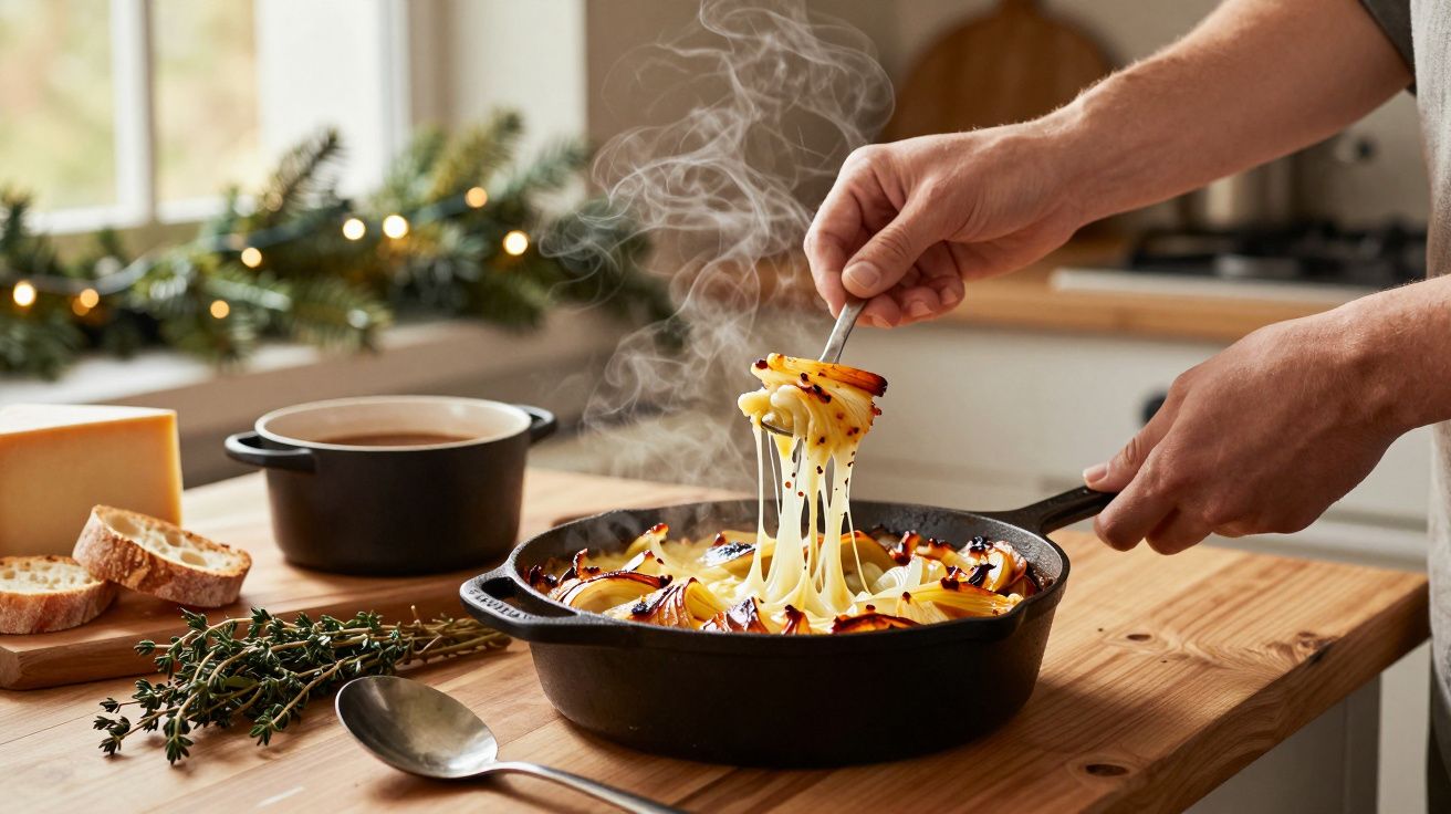 Pessoa serve gratinado de queijo quente e fumegante numa frigideira preta, com pão e ervas ao lado.