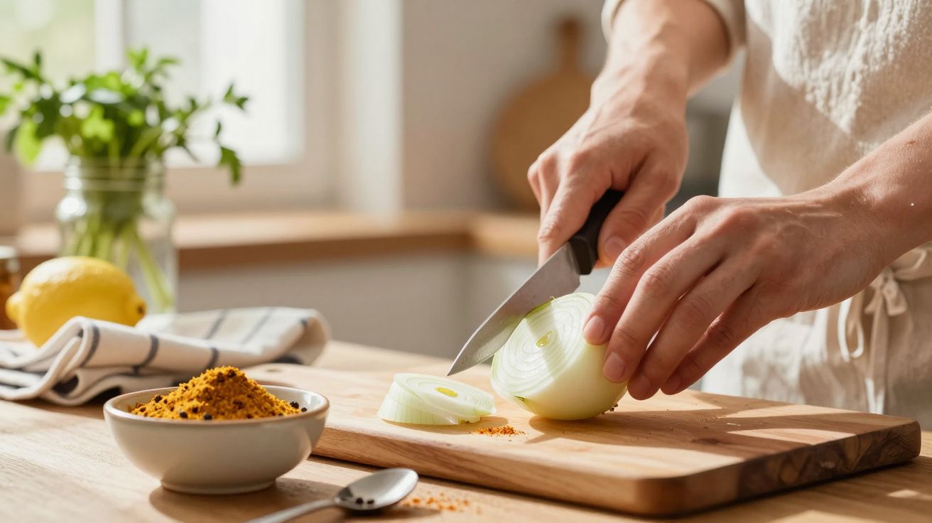 Mãos cortando uma cebola em tábua de madeira numa cozinha, com especiarias e limão em fundo desfocado.
