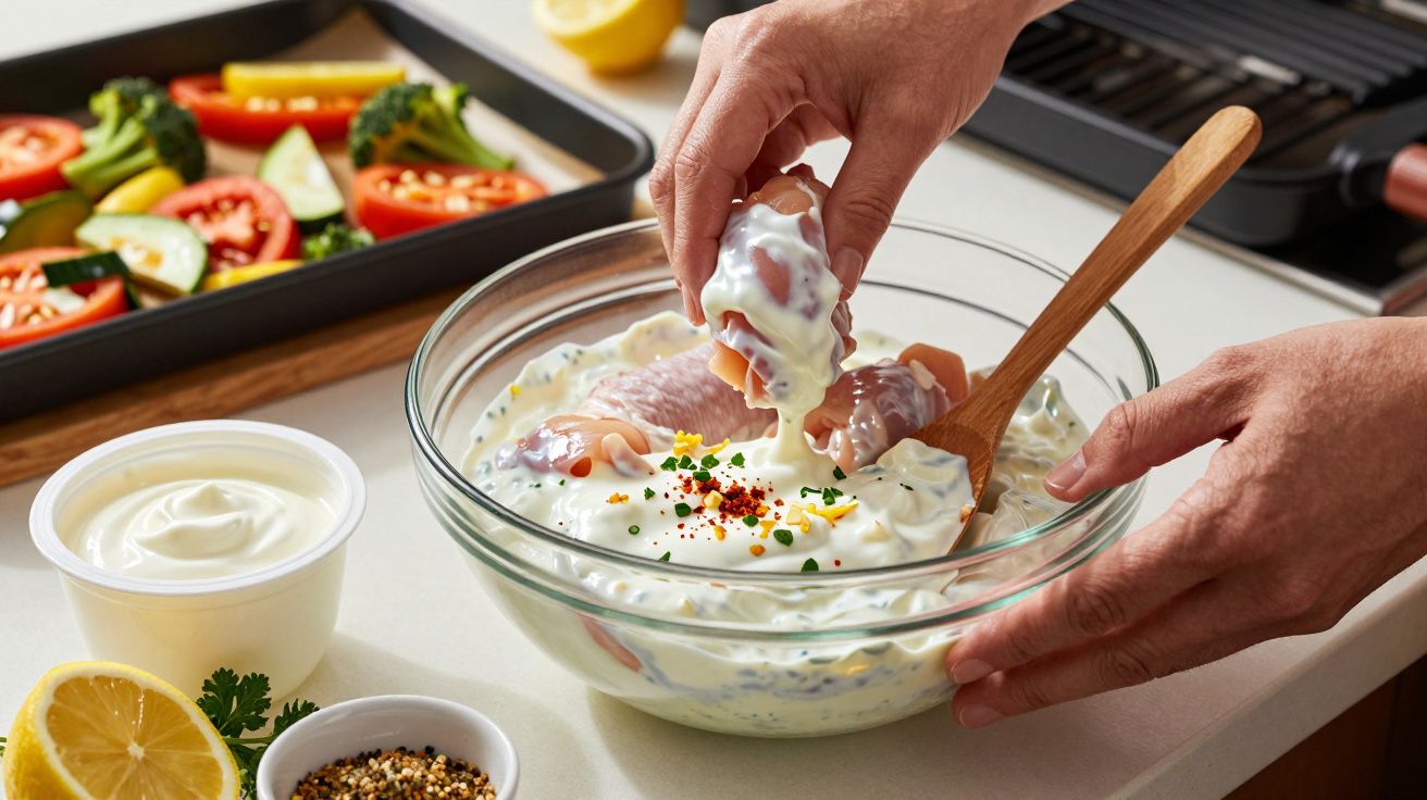 Mãos preparam frango numa tigela com molho cremoso, ao lado de tabuleiro de vegetais coloridos.