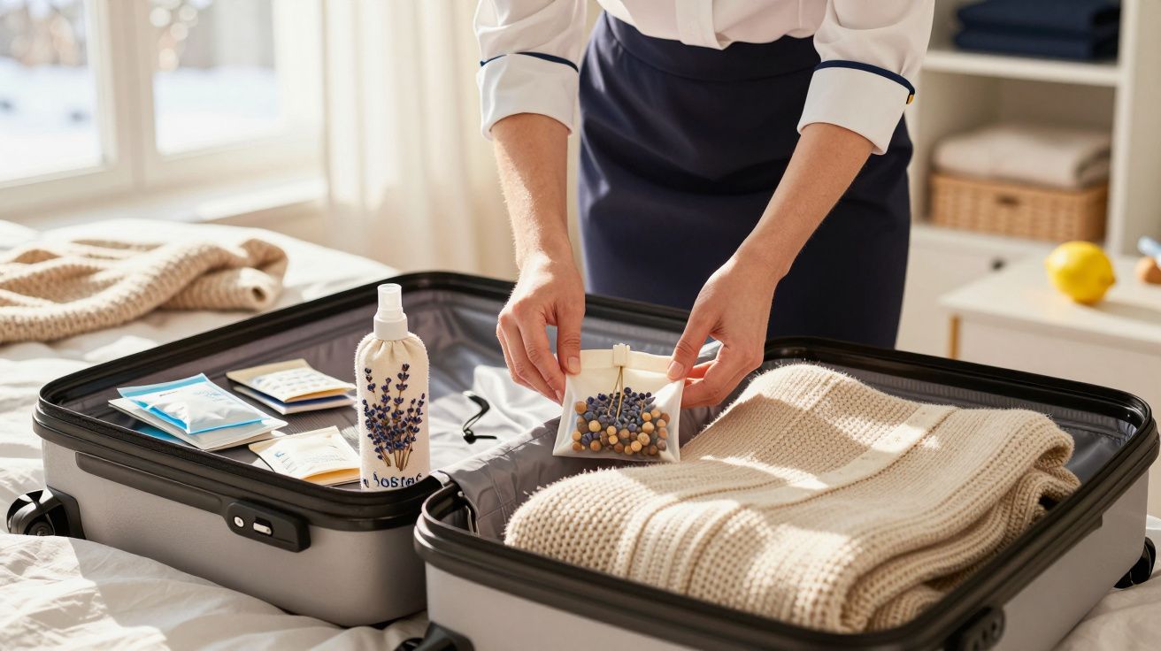 Pessoa a fazer malas, colocar roupas e produtos de higiene na mala de viagem aberta em cima da cama.