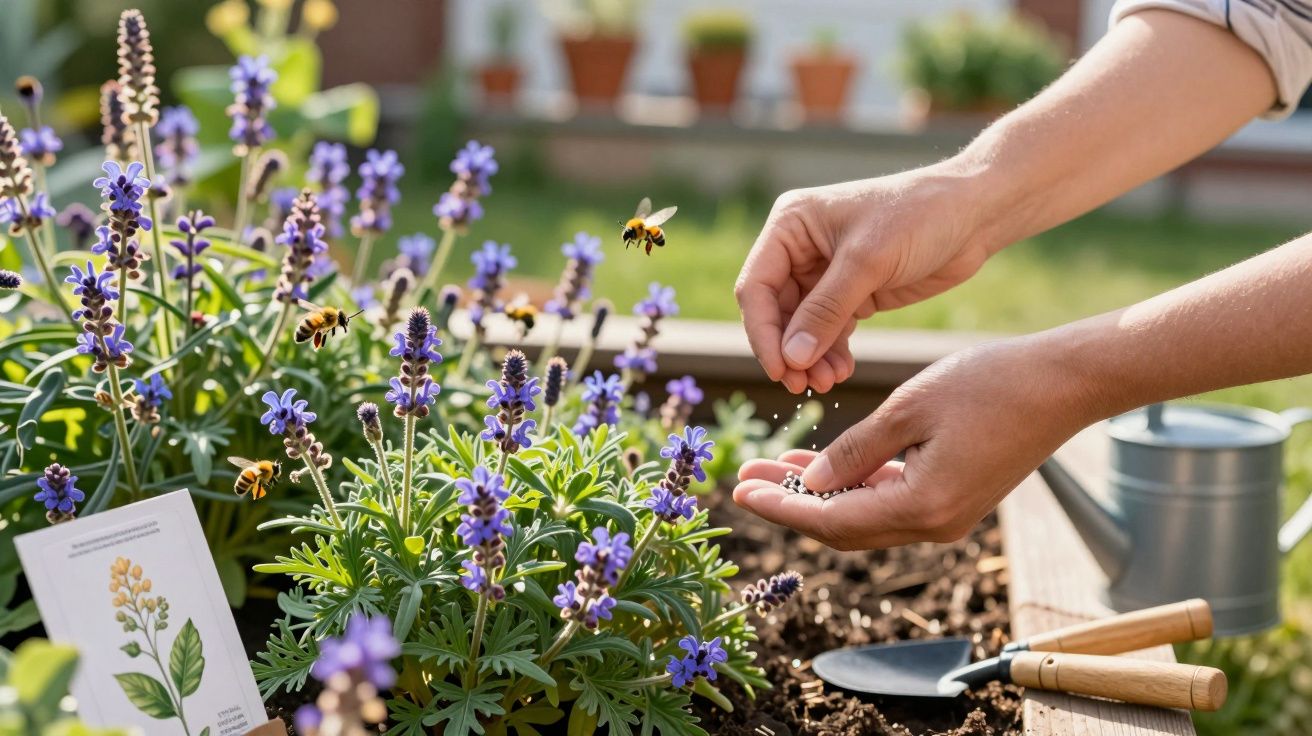 Mãos a plantar sementes num jardim com flores de lavanda e abelhas a voar; regador e ferramentas ao lado.