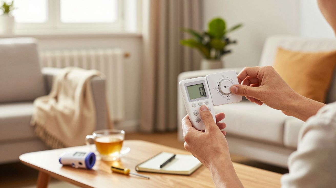 Pessoa ajusta termóstato digital na sala de estar, com sofá, chá e bloco de notas ao fundo.