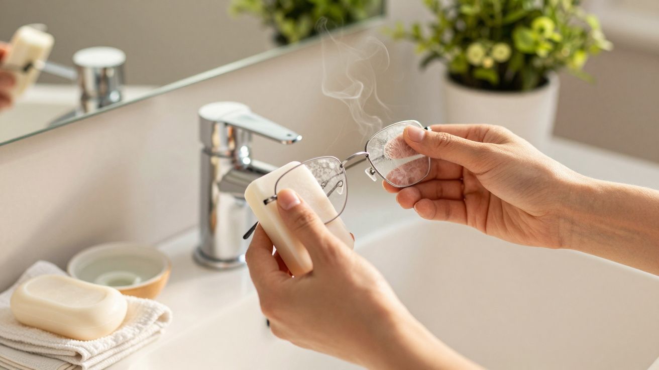 Mãos segurando óculos e limpador a vapor sobre lavatório, planta ao fundo.