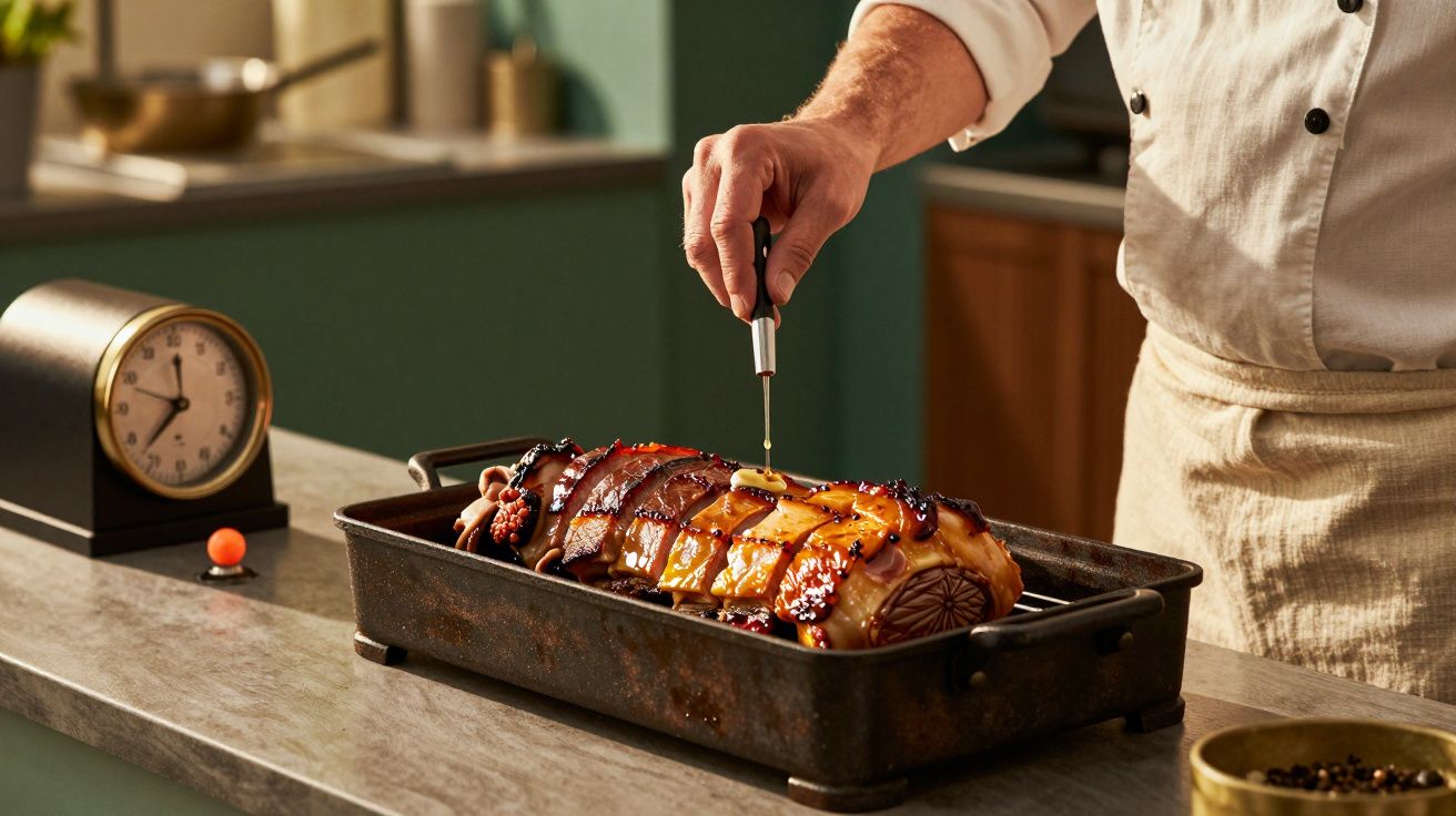 Cozinheiro a marinar rolo de carne com sirva em tabuleiro, relógio ao lado, ambiente de cozinha iluminada.