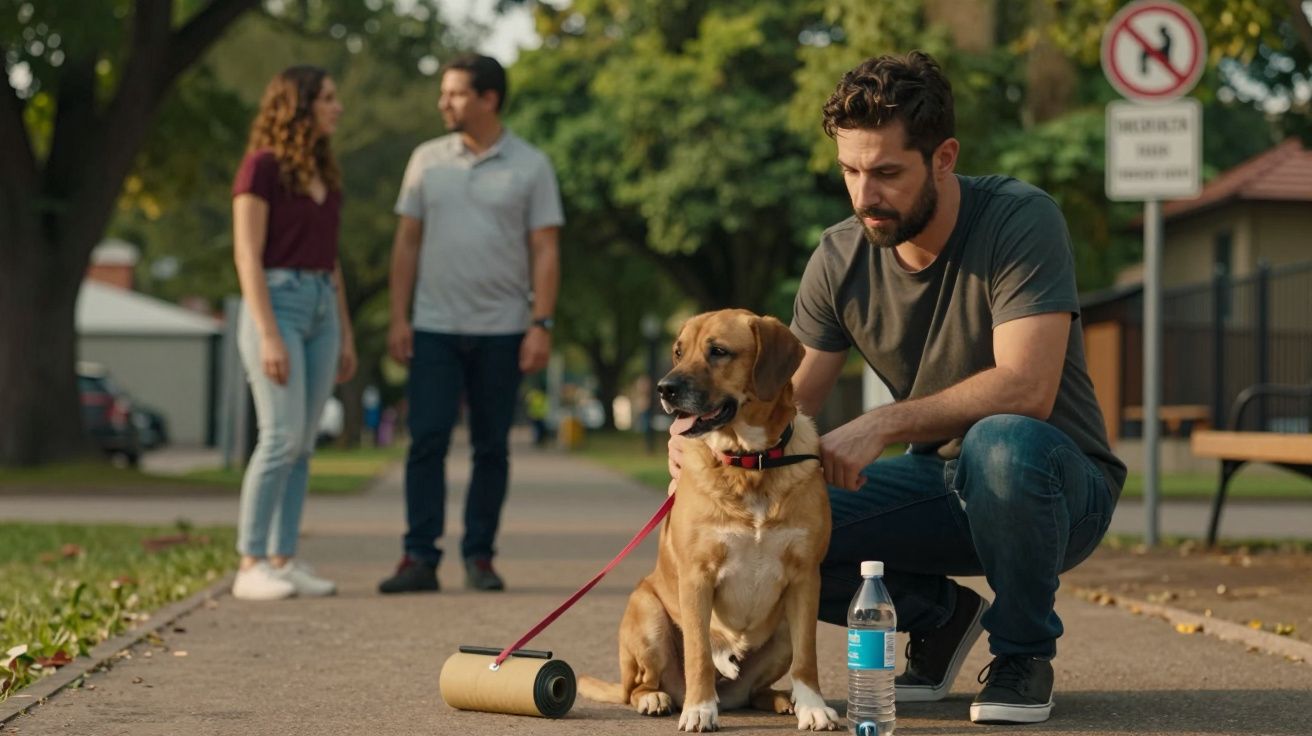 Homem agachado com cão numa trela vermelha, segurando uma garrafa de água. Duas pessoas falam ao fundo num parque.