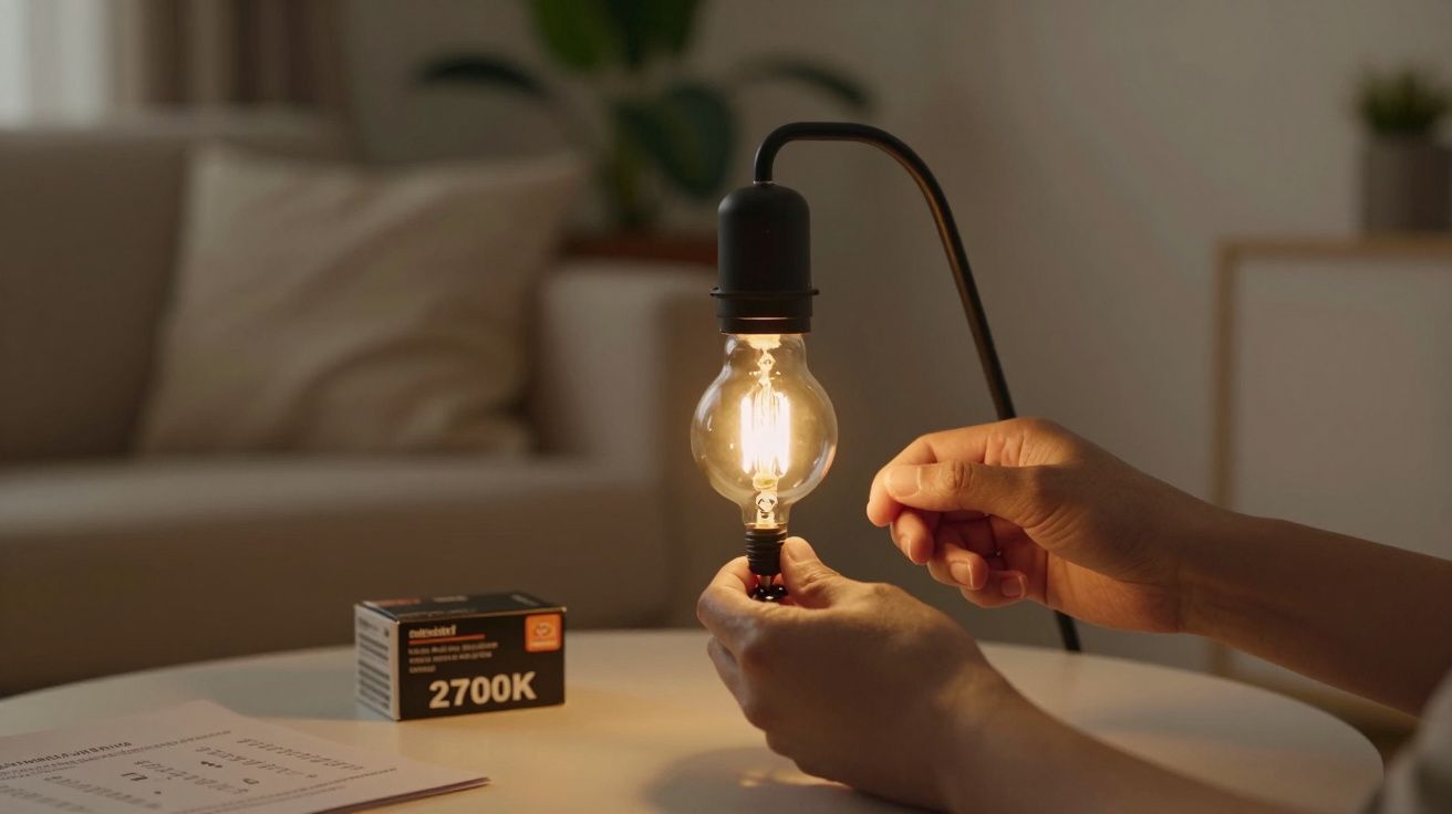 Mãos ajustando lâmpada incandescente acesa em lâmpada de mesa, caixa de lâmpada 2700K sobre a mesa ao lado.