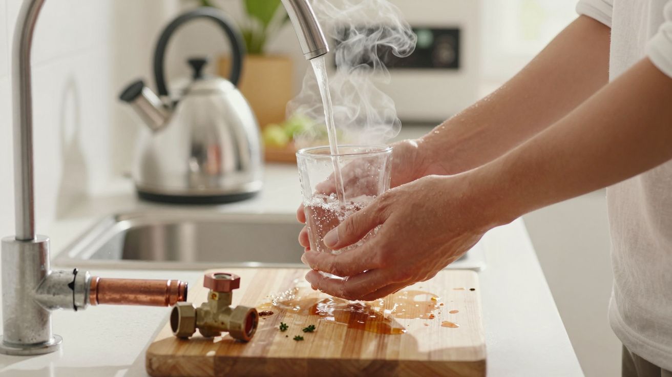 Pessoa enche copo com água a ferver de uma torneira na cozinha, com chaleira ao fundo.