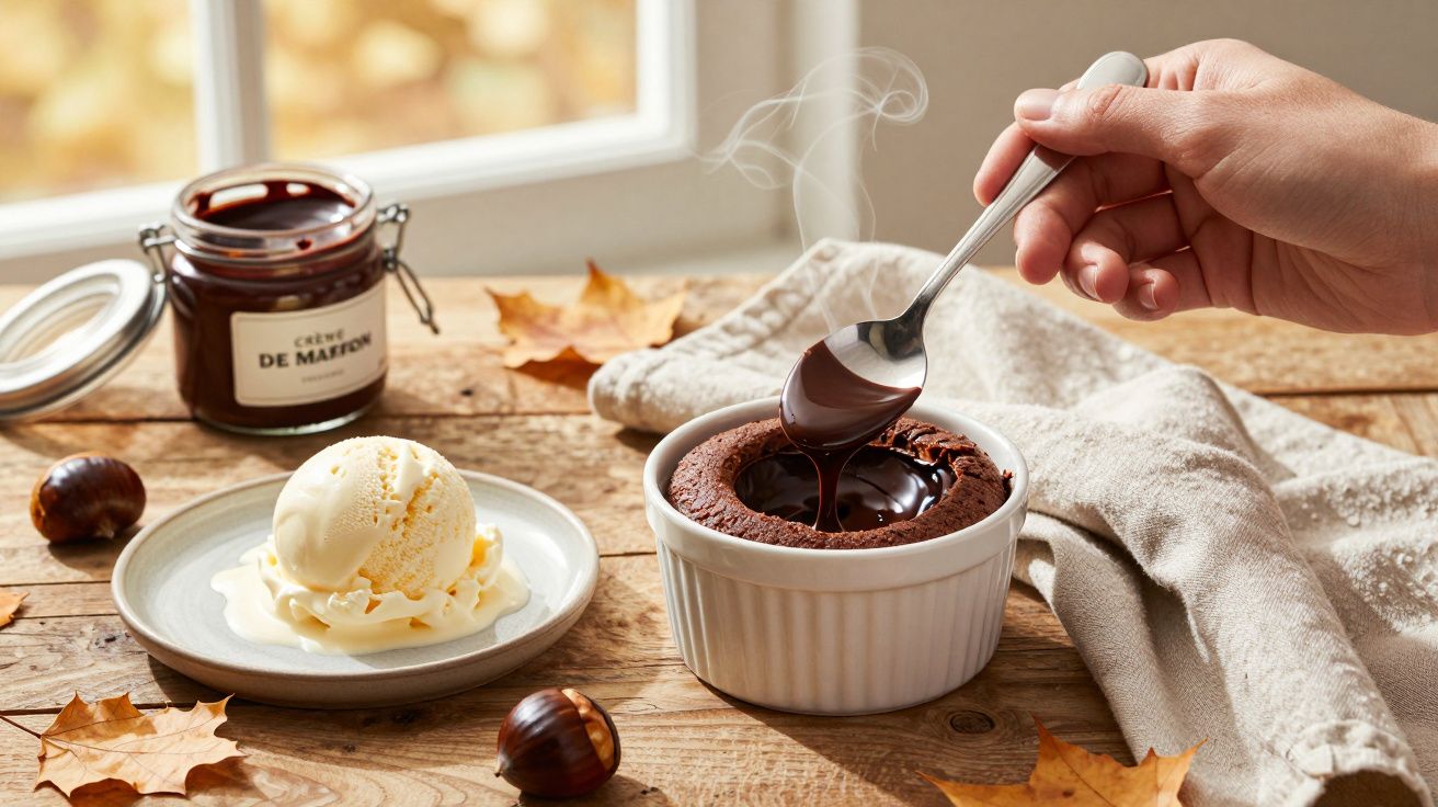 Mão servindo fondant de chocolate com colher, acompanhado por gelado de baunilha e creme de marron sobre mesa de madeira.