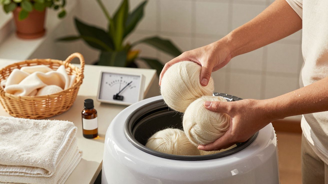 Pessoa coloca novelos de lã numa máquina de lavar, com cesto e toalhas ao lado, numa lavandaria doméstica.