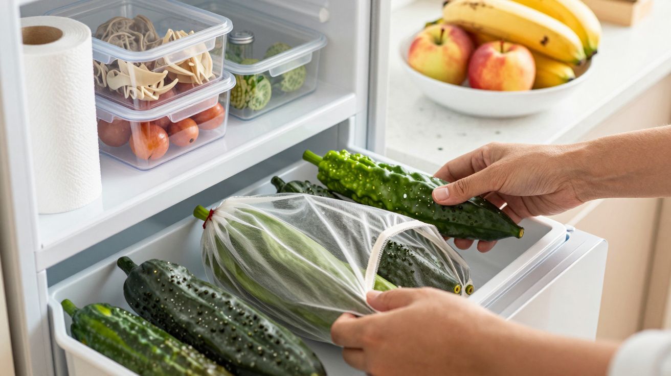 Pessoa a guardar pepinos no frigorífico, com tupperwares e taça de fruta ao fundo.