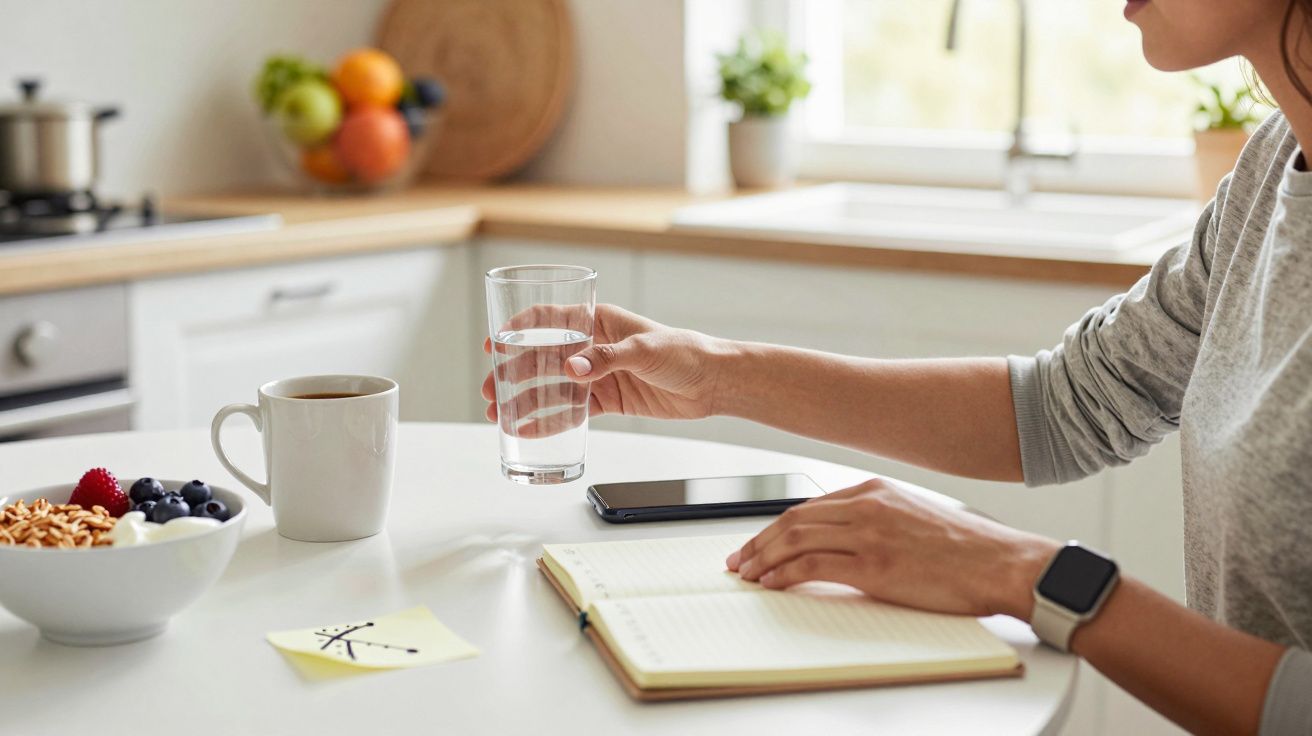 Pessoa escreve em bloco de notas à mesa, com copo de água, tigela de cereais e caneca por perto na cozinha iluminada.