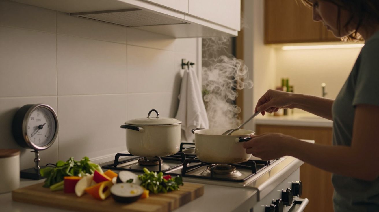 Pessoa a cozinhar numa cozinha, mexendo uma panela ao lume. Legumes cortados estão numa tábua ao lado.