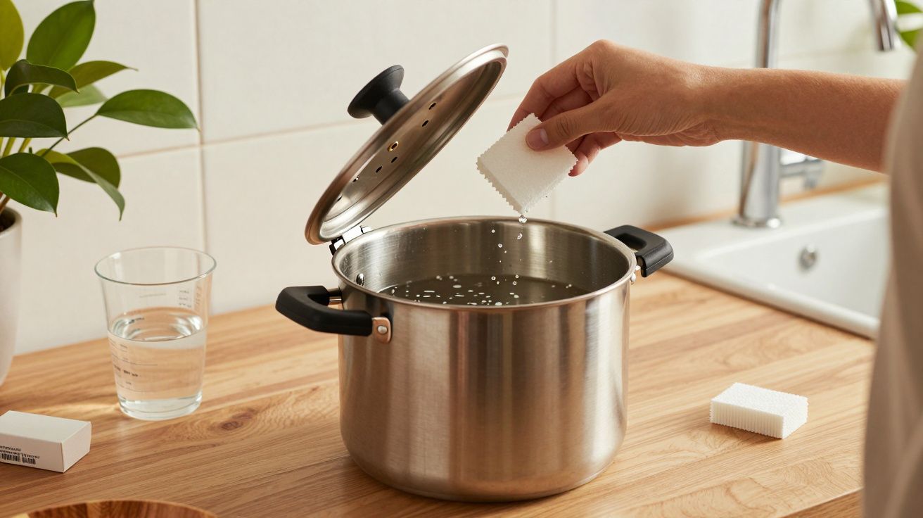 Mão adiciona cubo de detergente a panela de aço inoxidável com água, ao lado de lava-loiça e copo.