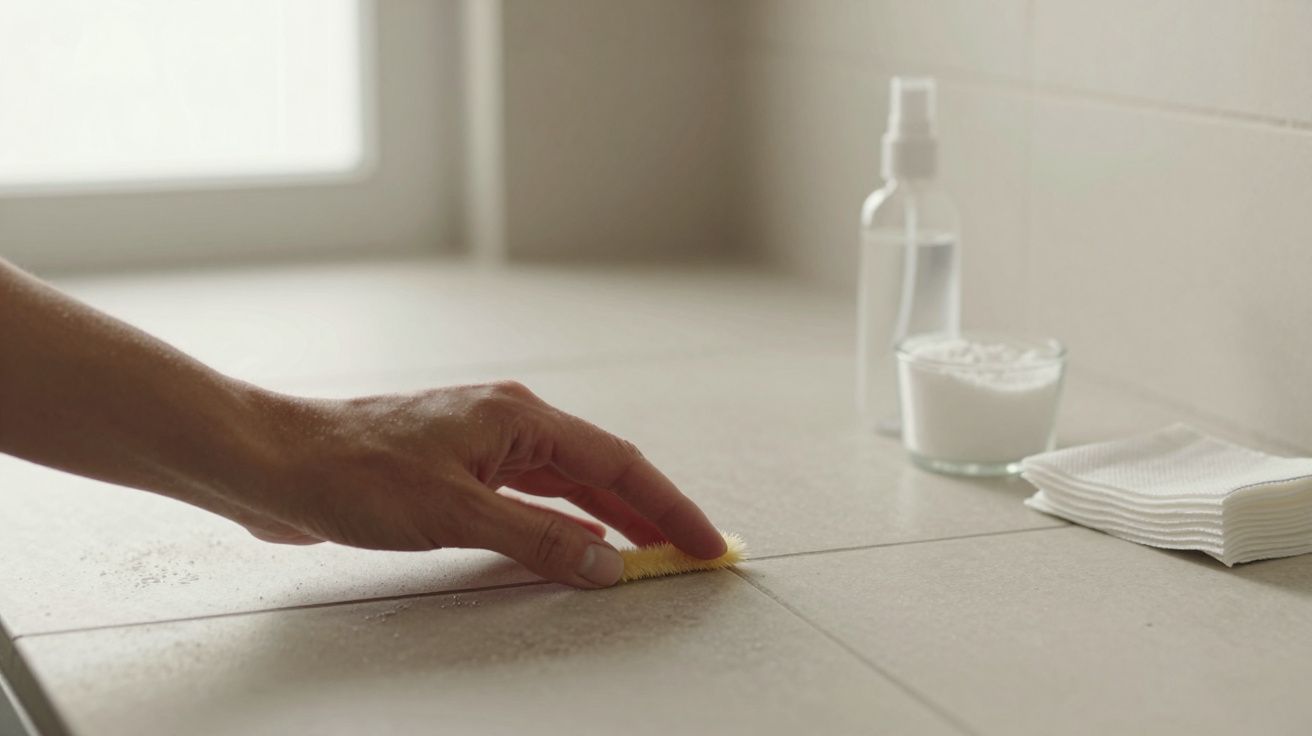 Mão limpando azulejos com uma escova pequena, ao lado de um frasco de spray e recipiente com pó de limpeza.