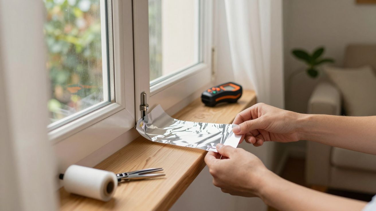 Pessoa aplica película refletora no vidro de uma janela. Tesoura e decalque estão na prateleira ao lado.