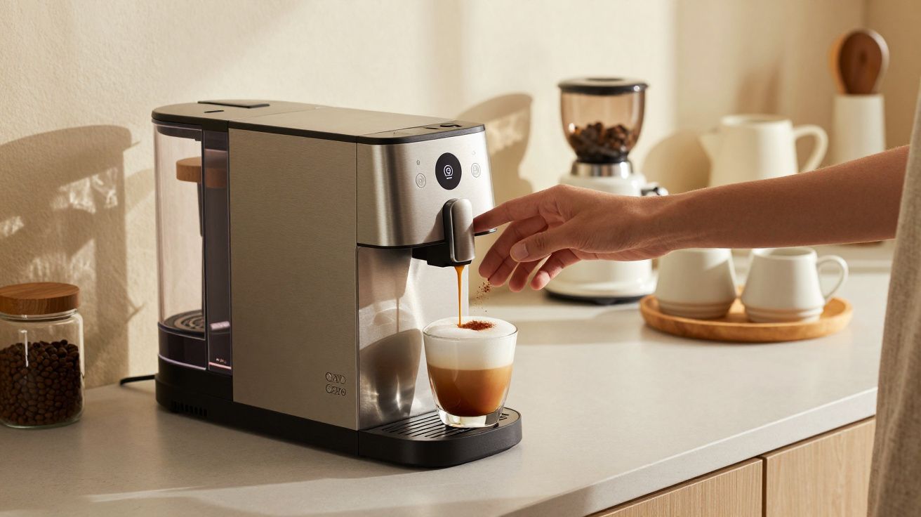 Máquina de café a preparar café numa chávena, na bancada da cozinha, ao lado de frascos de café e bule.