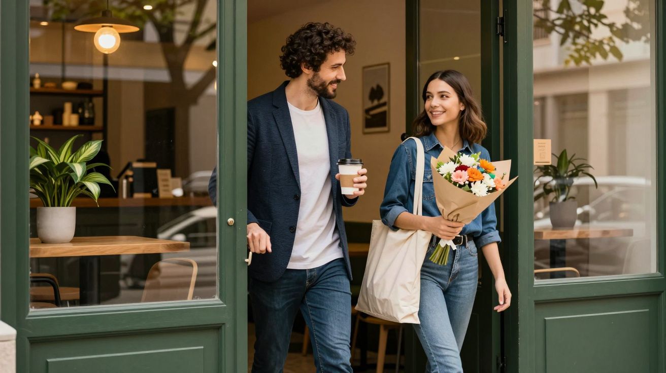 Casal a sair de uma cafetaria; ele segura café, ela segura flores, ambos sorrindo.