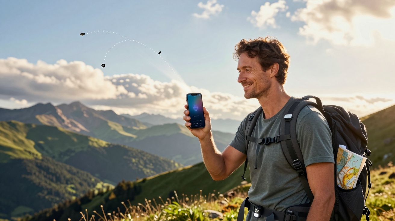 Homem a sorrir segura telemóvel nas montanhas, mochila às costas, mapa no bolso, céu azul com nuvens.