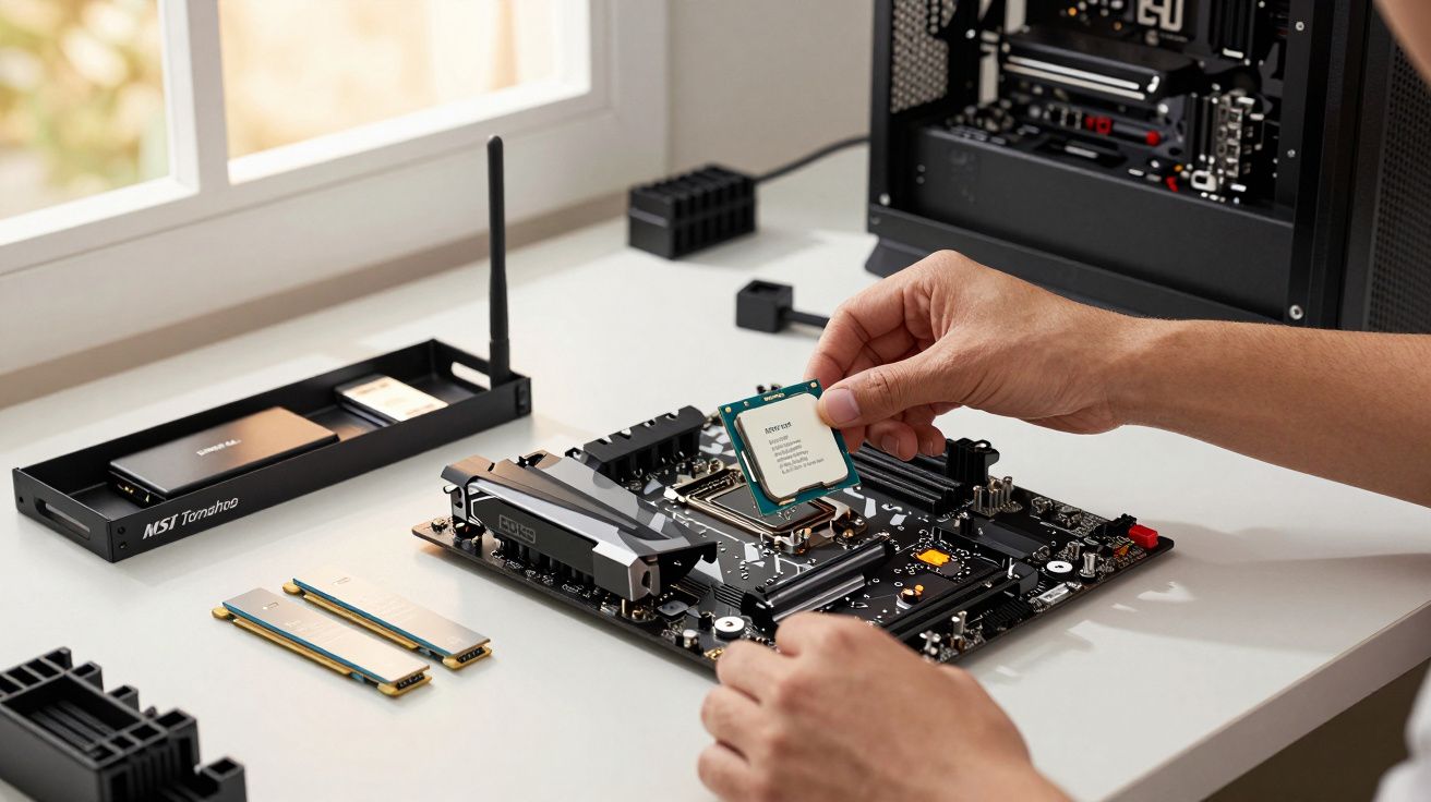 Pessoa a instalar um processador numa motherboard sobre uma mesa, com componentes de computador ao redor.