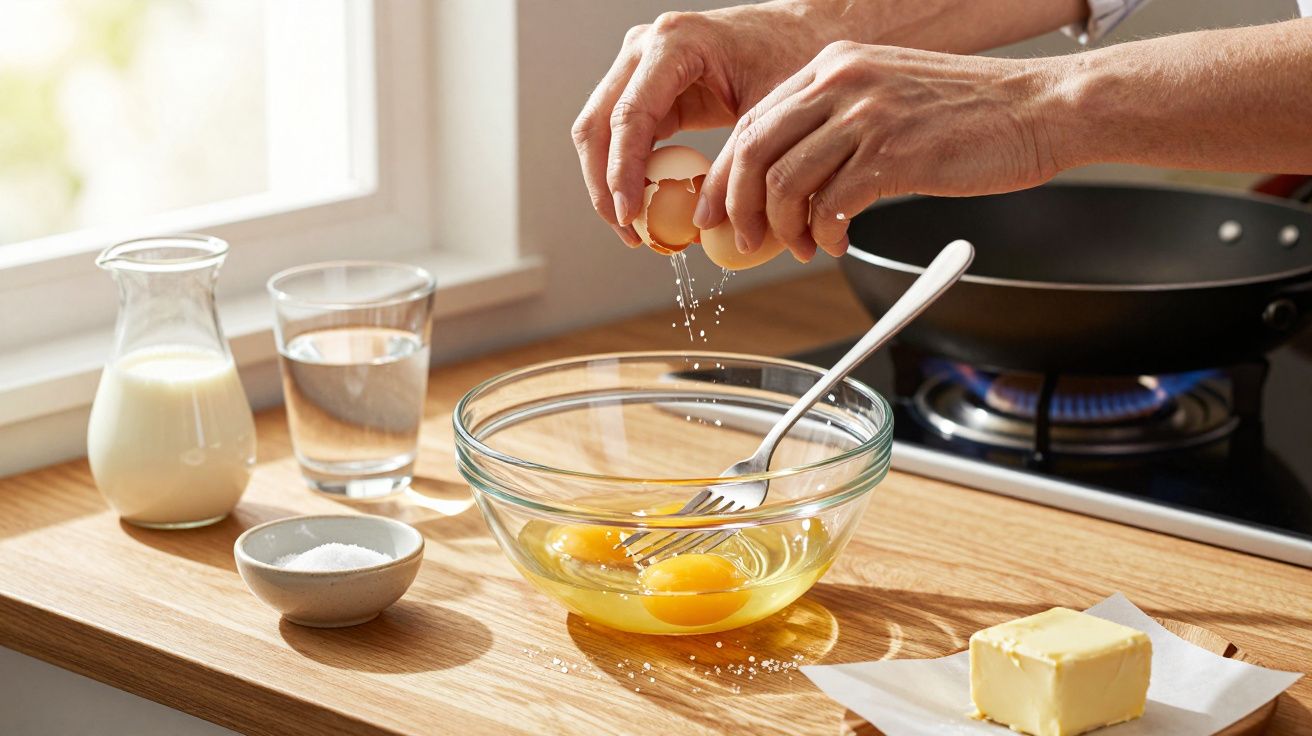 Mãos quebram ovos numa tigela de vidro; à volta, leite, água, sal, manteiga e uma frigideira ao lume.