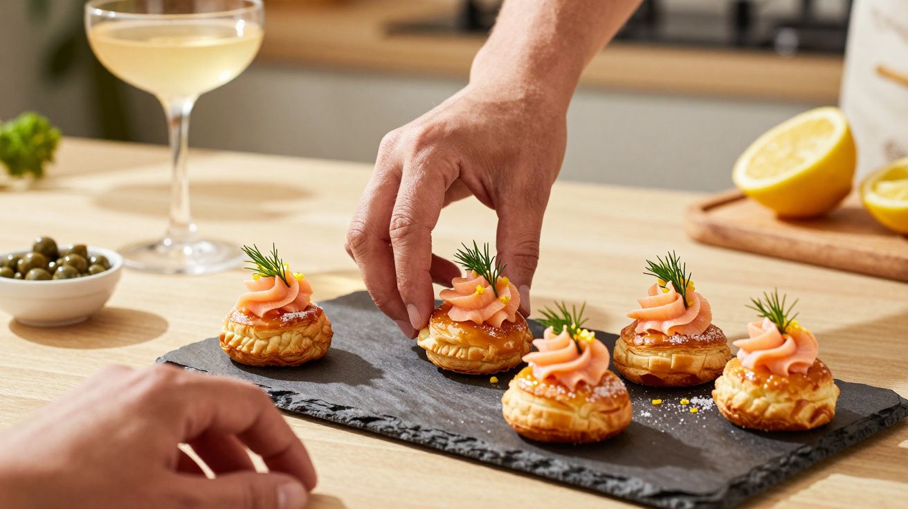 Mão a servir canapés de salmão num prato de ardósia com copo de vinho e limão cortado ao fundo.