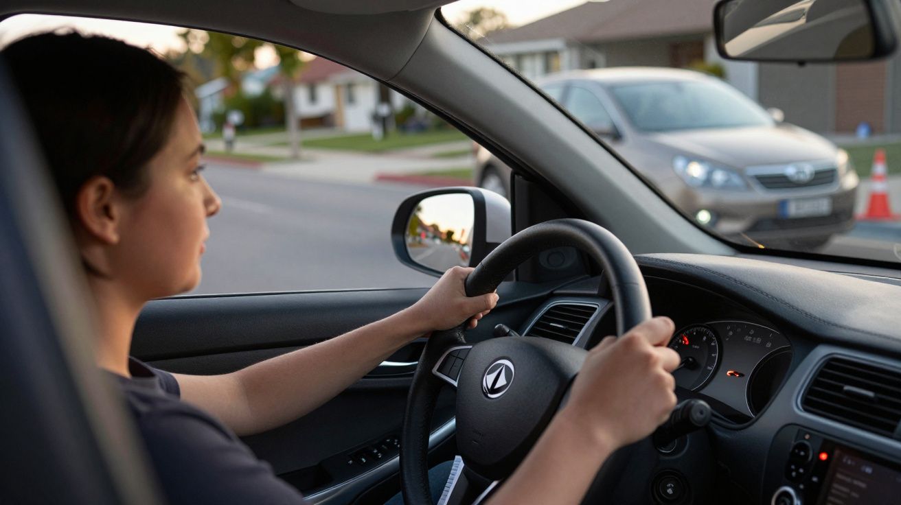 Condutora ao volante de um carro, numa rua residencial. Um carro cinzento aproxima-se na faixa oposta.