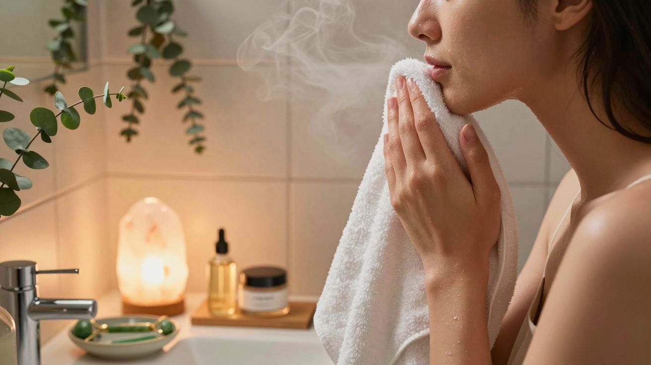 Mulher limpando o rosto com toalha húmida ao lado de lavatório com planta e produtos de cuidado pessoal.