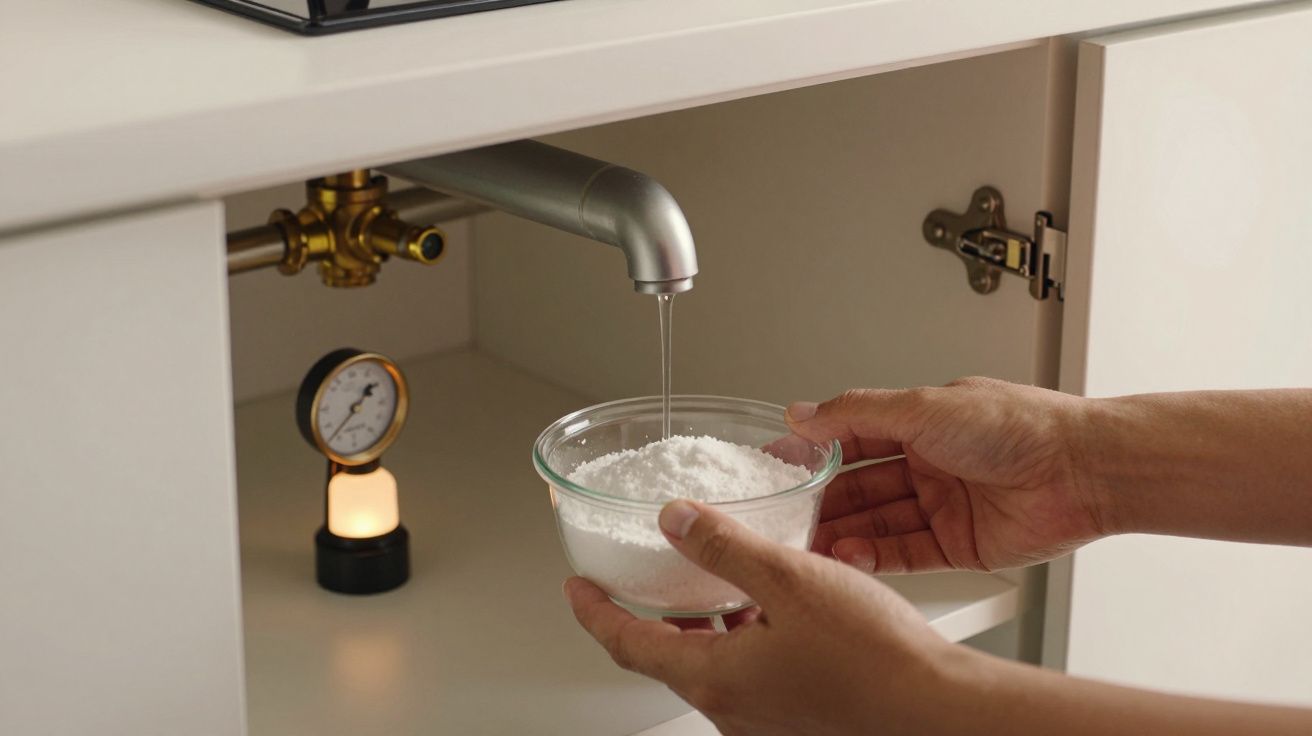 Mãos seguram tigela com sal debaixo de uma torneira embaixo do lava-loiça.