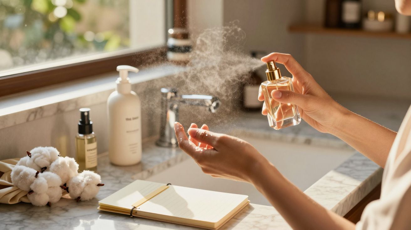 Mãos segurando frasco de perfume, borrifando em casa de banho iluminada, com produtos de cuidado sobre bancada de mármore.