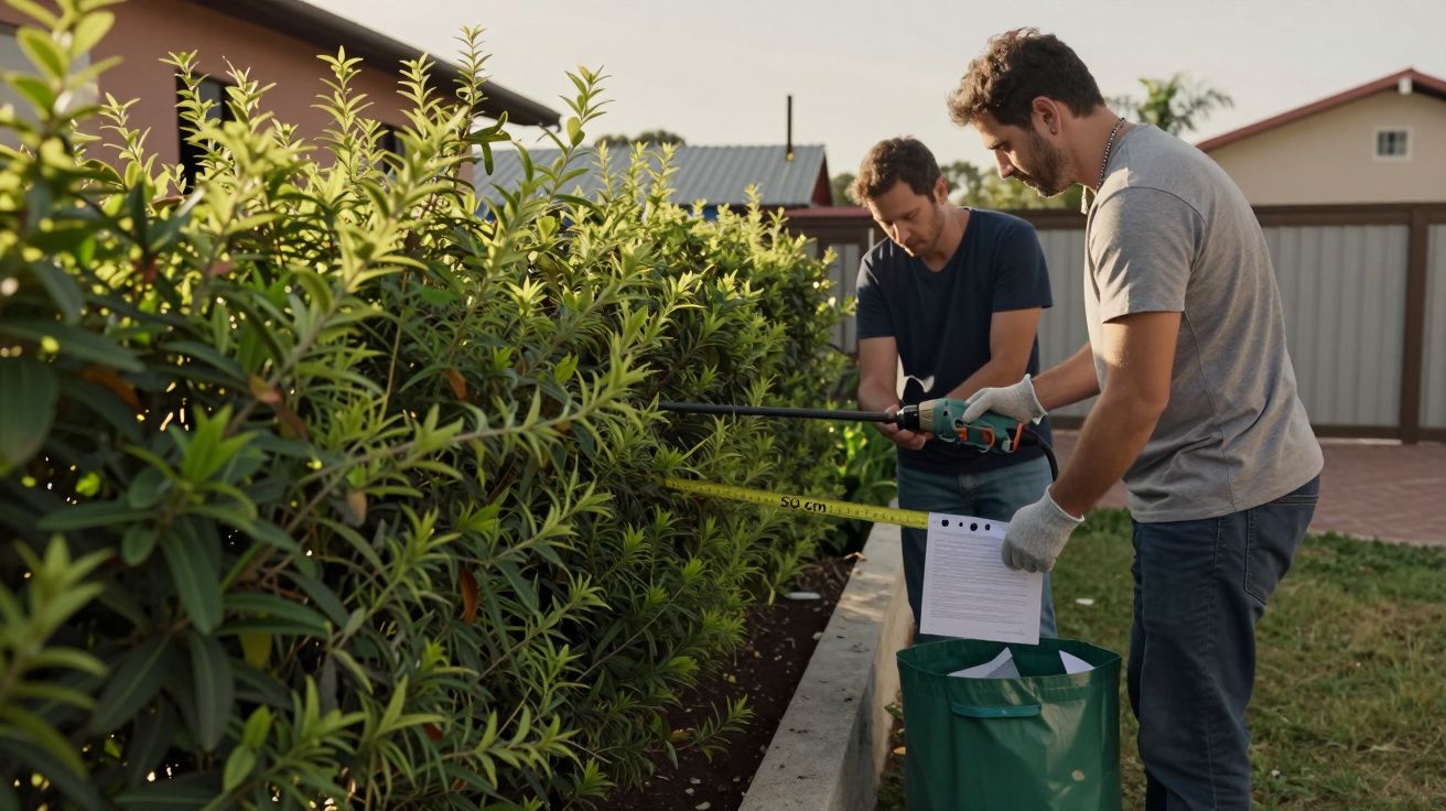 Dois homens a aparar arbustos no jardim, usando tesouras elétricas e uma fita métrica.