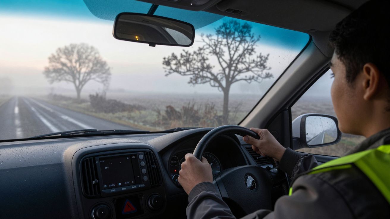 Pessoa a conduzir carro numa estrada rural com árvores e nevoeiro ao fundo.