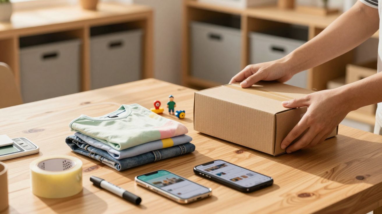 Mãos embalando uma caixa de cartão numa mesa com roupas, telemóveis e fita adesiva.
