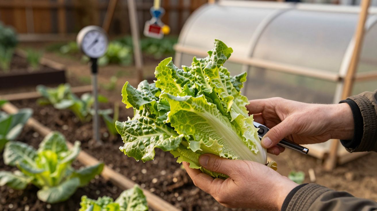 Mãos seguram alface fresca no jardim, com termómetro de ambiente e, ao fundo, estufa e canteiros com vegetais.