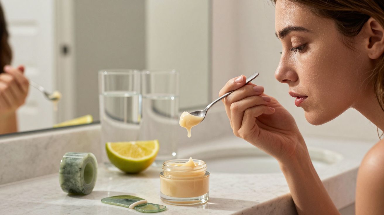 Mulher aplica creme facial com colher numa casa de banho, ao lado de uma lima e rolo facial verde.