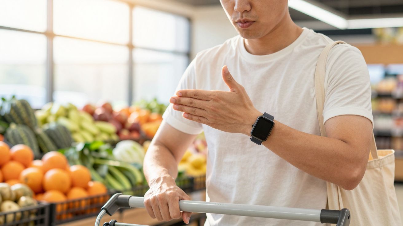 Homem numa loja de frutas verifica o smartwatch enquanto segura o carrinho.