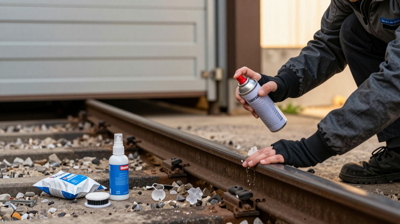 Pessoa aplica spray num carril de caminho de ferro; produtos de limpeza ao lado.