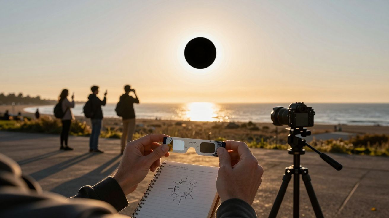 Mãos seguram óculos de eclipse e caderno. Pessoas observam eclipse solar ao pôr do sol perto do mar.