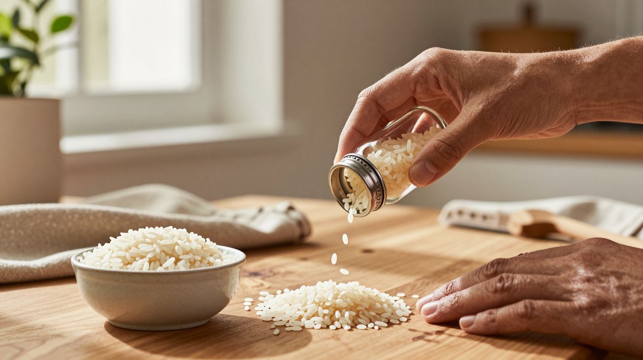 Mão despejando arroz de um frasco sobre uma mesa de madeira, com uma tigela de arroz ao lado, em ambiente iluminado.
