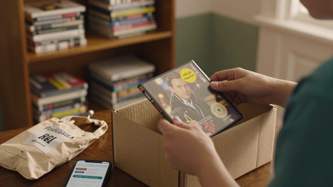 Pessoa segura um CD em caixa de papelão. Ao lado, um telemóvel e saco de papel com texto "posivita". Estante ao fundo.