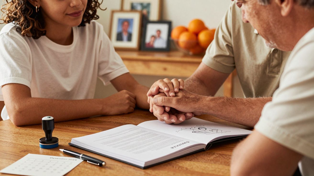 Duas pessoas à mesa segurando as mãos, com livro, caneta e calendário. Ao fundo, molduras e frutas.