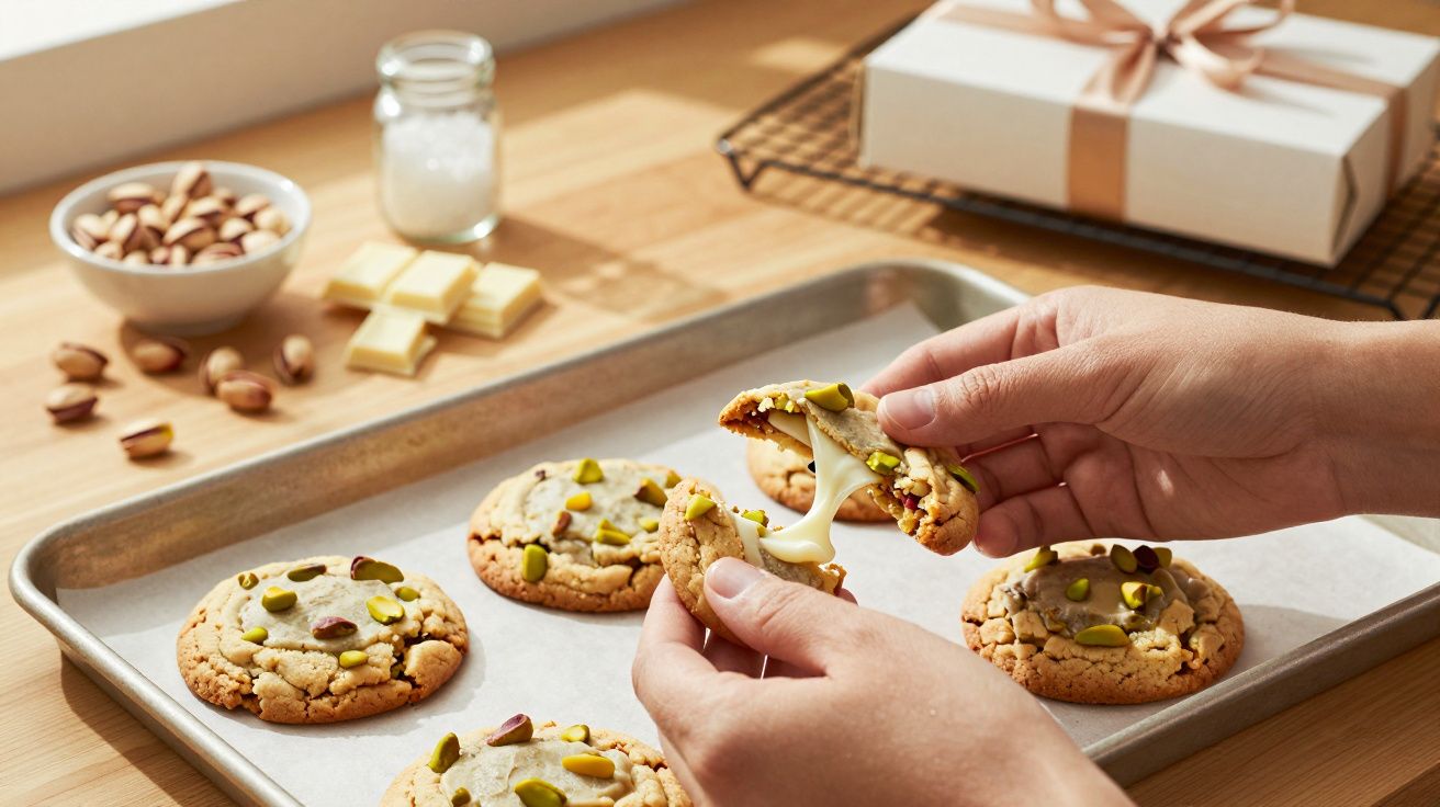 Mãos dividem bolacha com recheio cremoso em tabuleiro, rodeada por amêndoas, chocolate branco e uma caixa de presente.