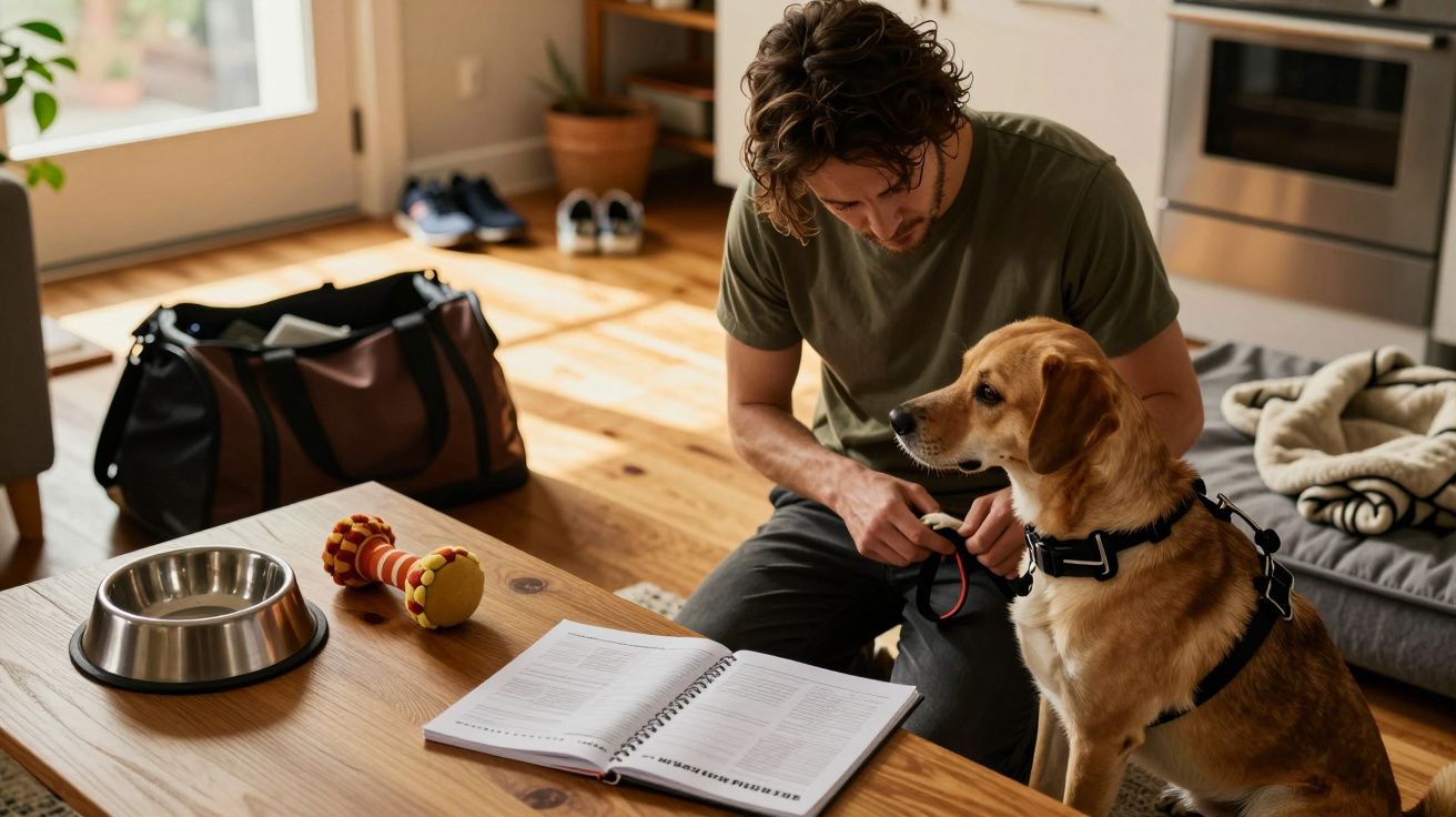 Homem treina cão sentado numa sala, com brinquedo e tigela em cima da mesa.