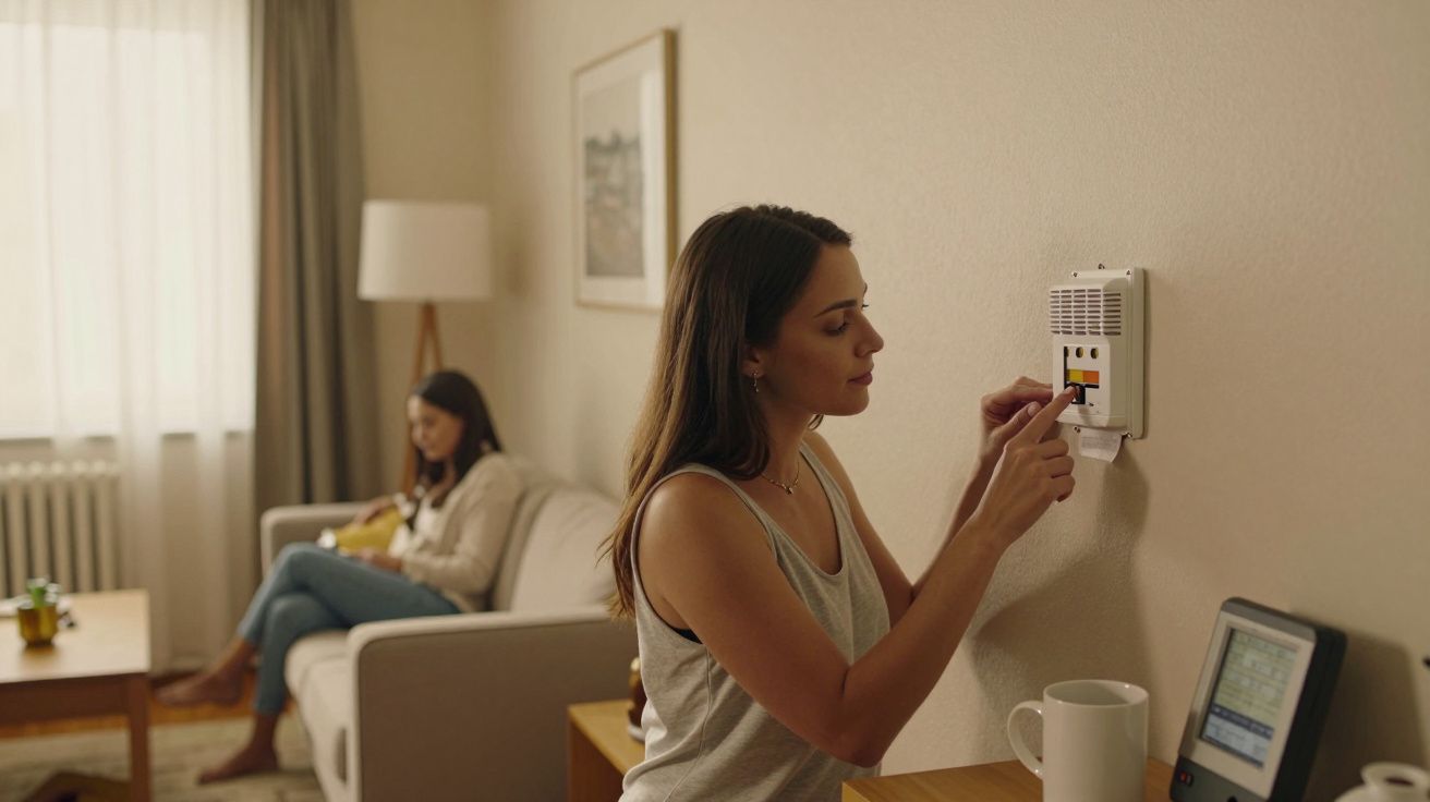 Mulher ajusta termostato na parede enquanto outra está sentada no sofá com um tablet numa sala iluminada.