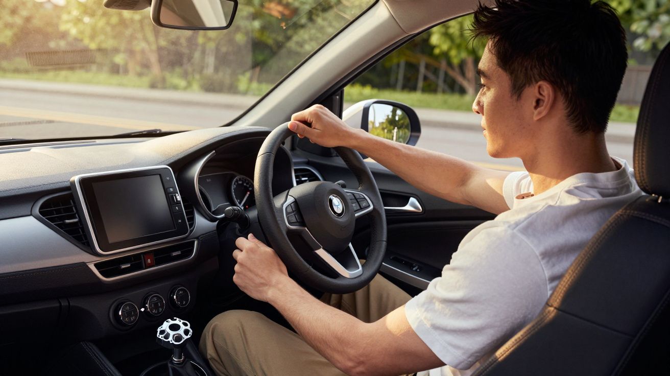 Homem a conduzir um carro, segurando o volante; interior do veículo visível com painel e ecrã.