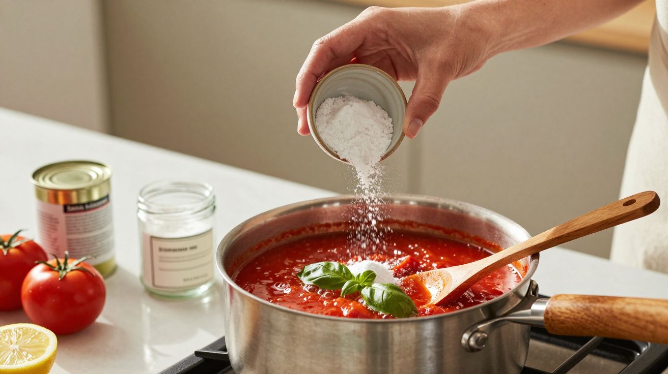 Mão adiciona sal a molho de tomate numa panela, com manjericão e colher de madeira, num fogão.