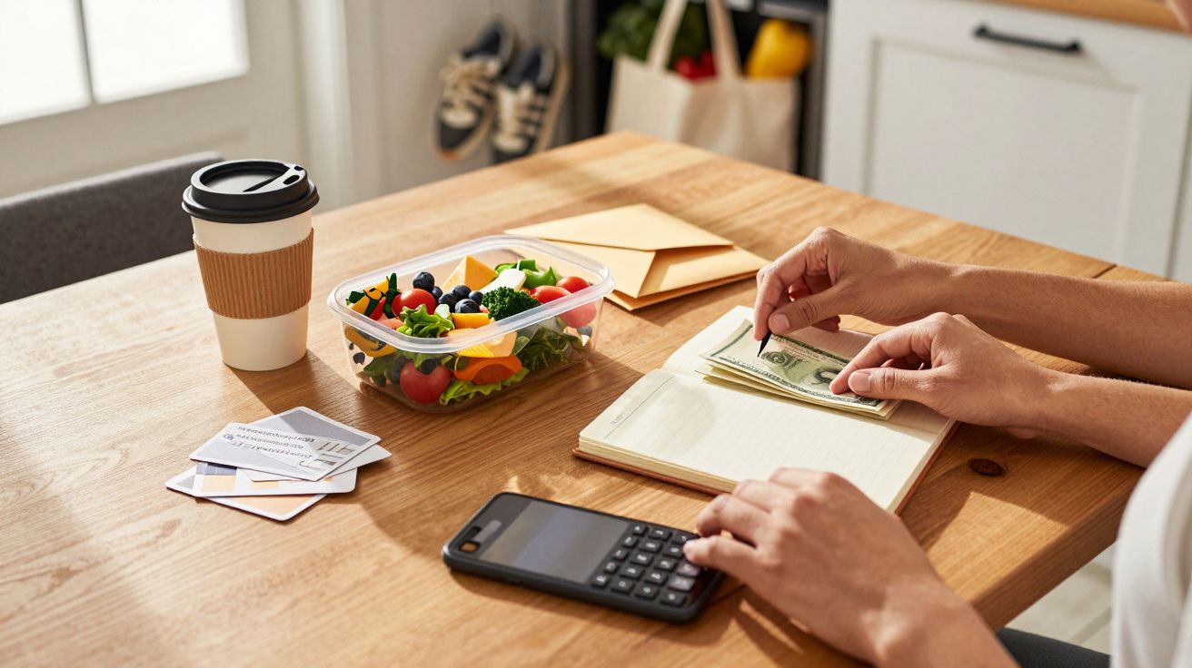 Mãos contando dinheiro junto a uma calculadora, café e salada num recipiente sobre uma mesa de madeira.