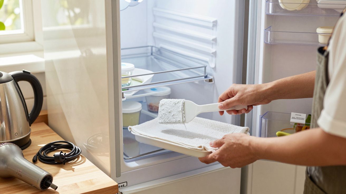 Pessoa removendo gelo do congelador de um frigorífico com espátula. Utensílios de cozinha visíveis na bancada.
