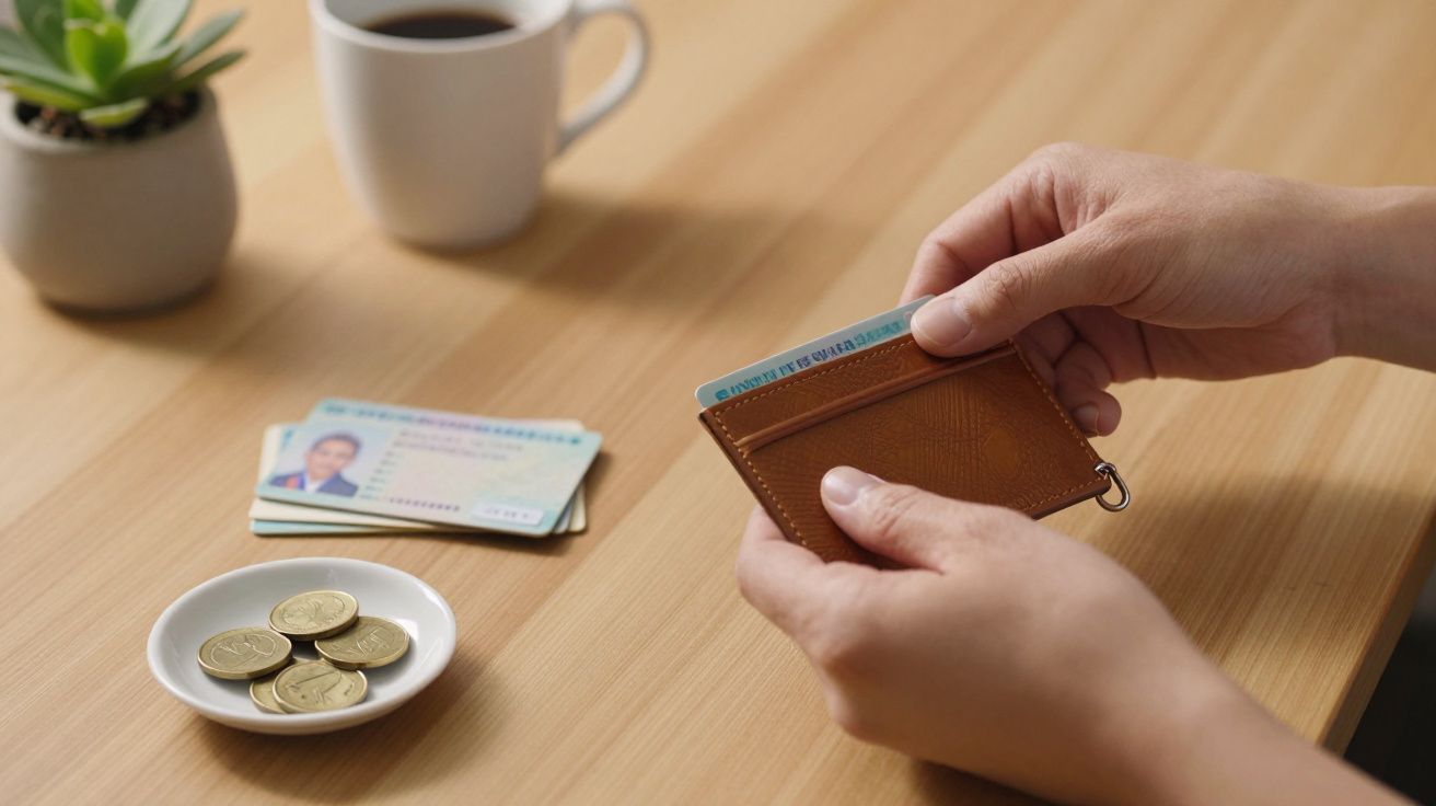 Pessoa inserindo cartão numa carteira, com chávena de café, moedas e cardápios num prato sobre uma mesa de madeira.