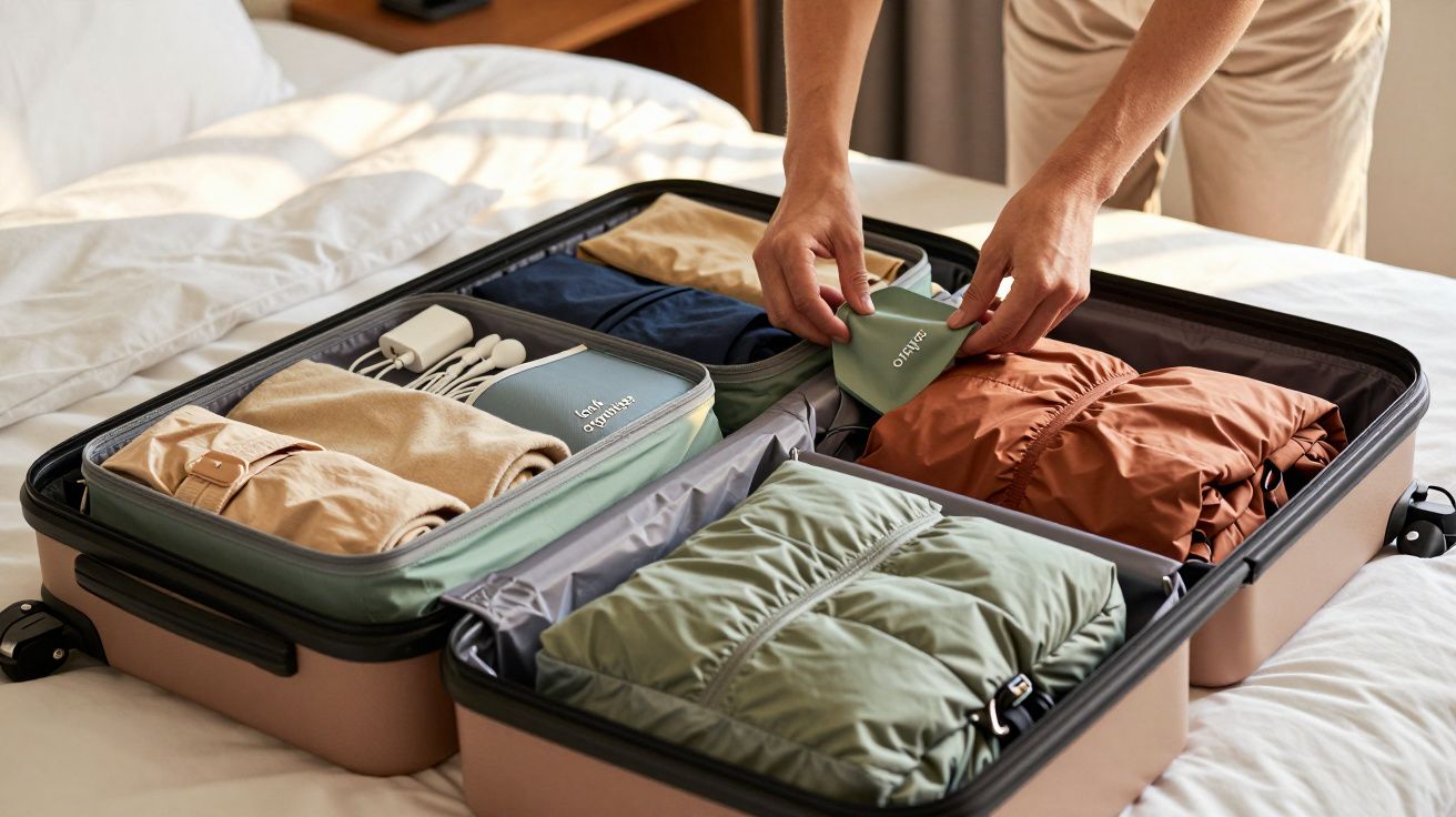 Pessoa a arrumar uma mala de viagem aberta sobre a cama com roupas organizadas em sacos de diferentes cores.
