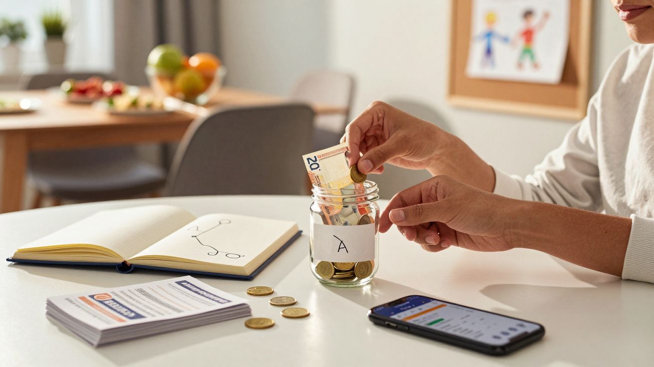 Pessoa coloca nota de euro num frasco, com moedas, caderno e telemóvel sobre a mesa. Fundo com frutas e desenhos.